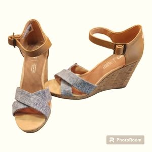 TOMS Cork Wedge Sandals, Size 8M, Navy Blue and Tan